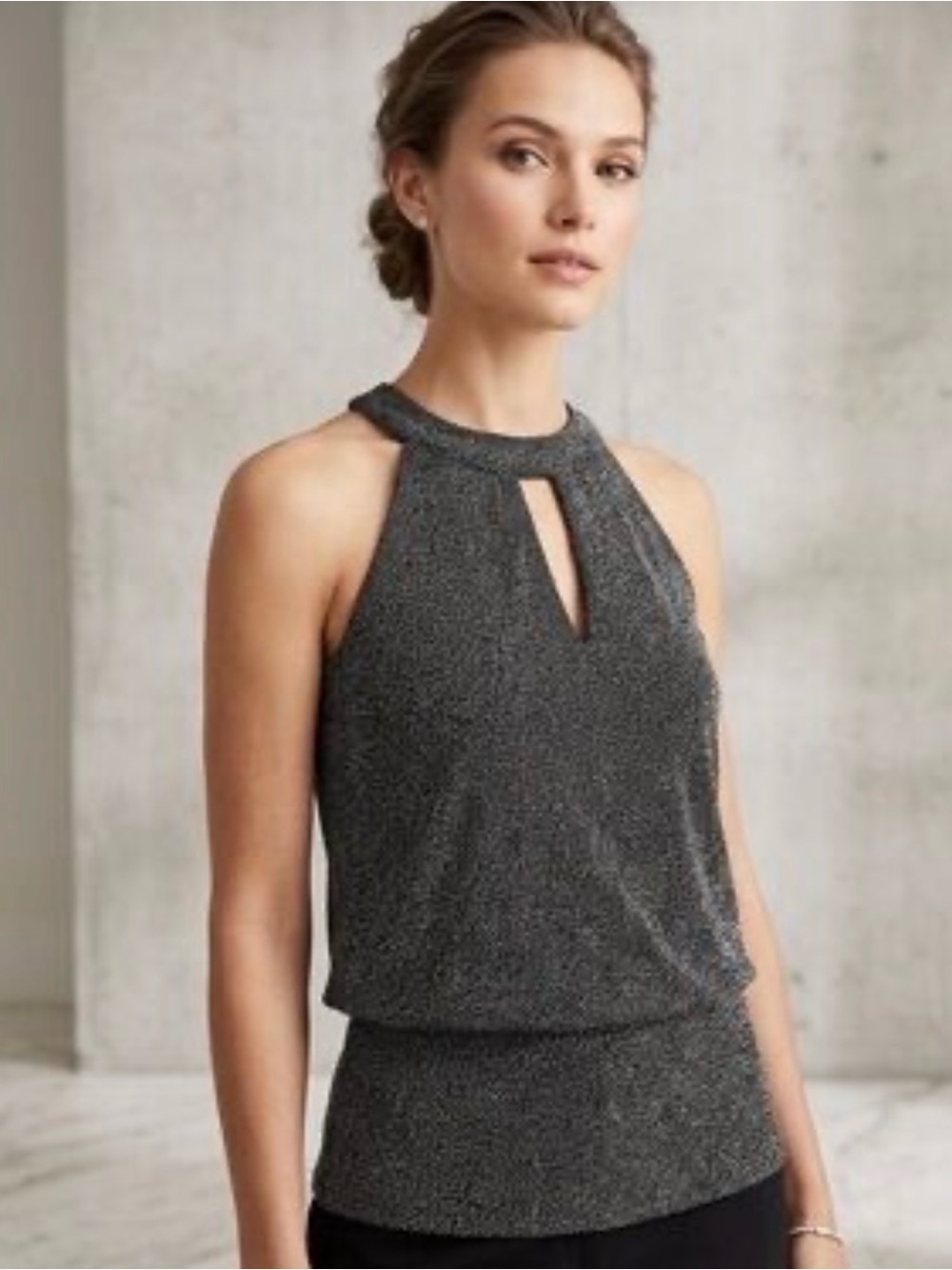 White House Black Market Black/Silver Sparkle Halter Top Keyhole Front SMALL